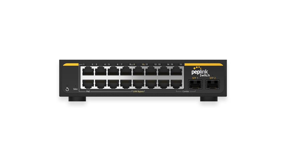 Peplink 16-Port Rugged SD Switch. PoE enabled switch with 16 Gigabit ports & 2 SFP ports for industrial environments.