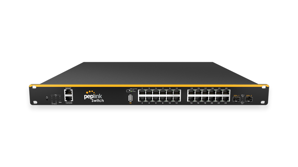 Peplink 24-Port AC SD Switch. PoE enabled switch with 24 Gigabit ports & 2 SFP ports for enterprise environments.
