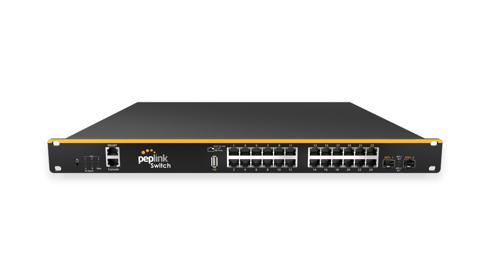 Peplink 24-Port AC SD Switch. PoE enabled switch with 24 Gigabit ports & 2 SFP ports for enterprise environments.