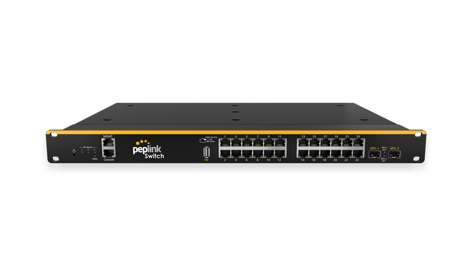 Peplink 24-Port Rugged SD Switch. PoE enabled switch with 24 Gigabit ports & 2 SFP ports for industrial environments.