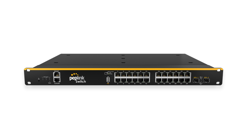 Peplink 24-Port Rugged SD Switch. PoE enabled switch with 24 Gigabit ports & 2 SFP ports for industrial environments.