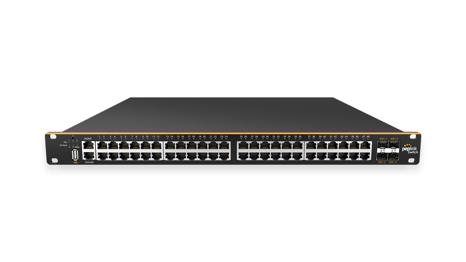 Peplink 48-Port AC SD Switch. PoE enabled switch with 48 Gigabit ports & 2 SFP ports for enterprise environments.