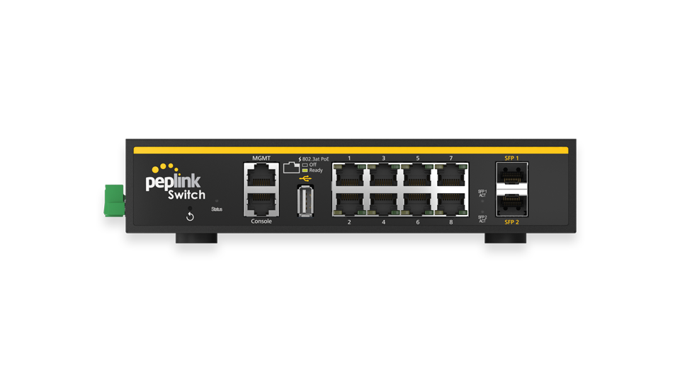 Peplink 8-Port Rugged SD Switch. PoE enabled switch with 8 Gigabit ports & 2 SFP ports for industrial environments.