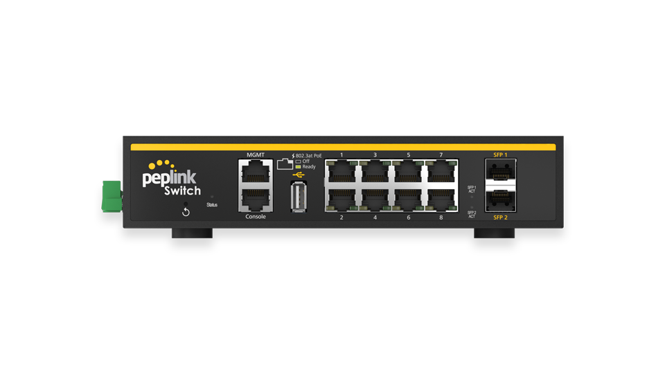 Peplink 8-Port Rugged SD Switch. PoE enabled switch with 8 Gigabit ports & 2 SFP ports for industrial environments.