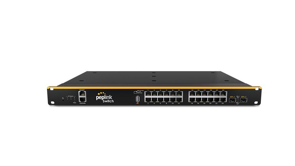 Peplink 24-Port Rugged SD Switch. PoE enabled switch with 24 Gigabit ports & 2 SFP ports for industrial environments.